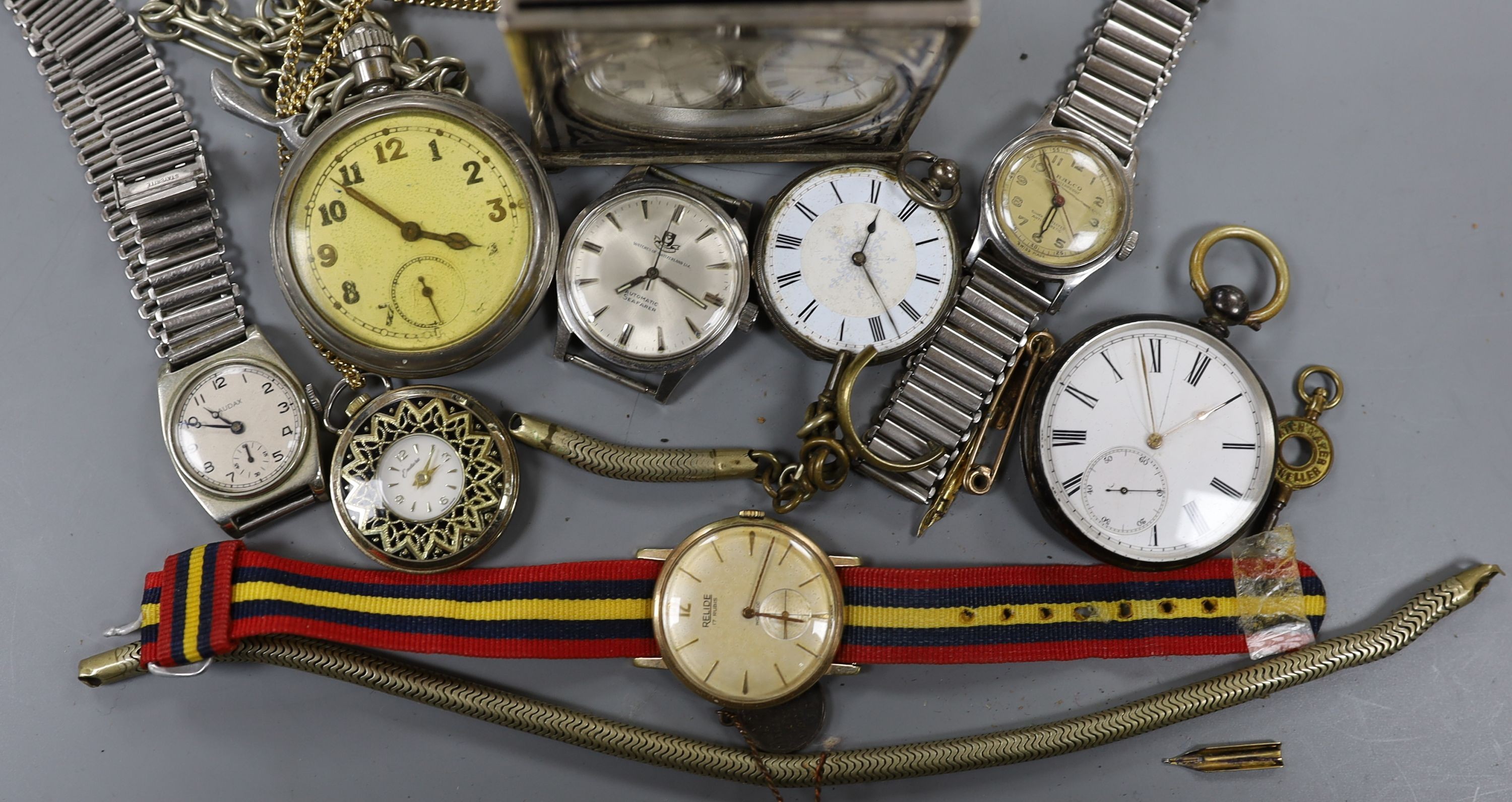 A silver half hunter pocket watch and assorted wristwatches including Watches of Switzerland Seafarer.